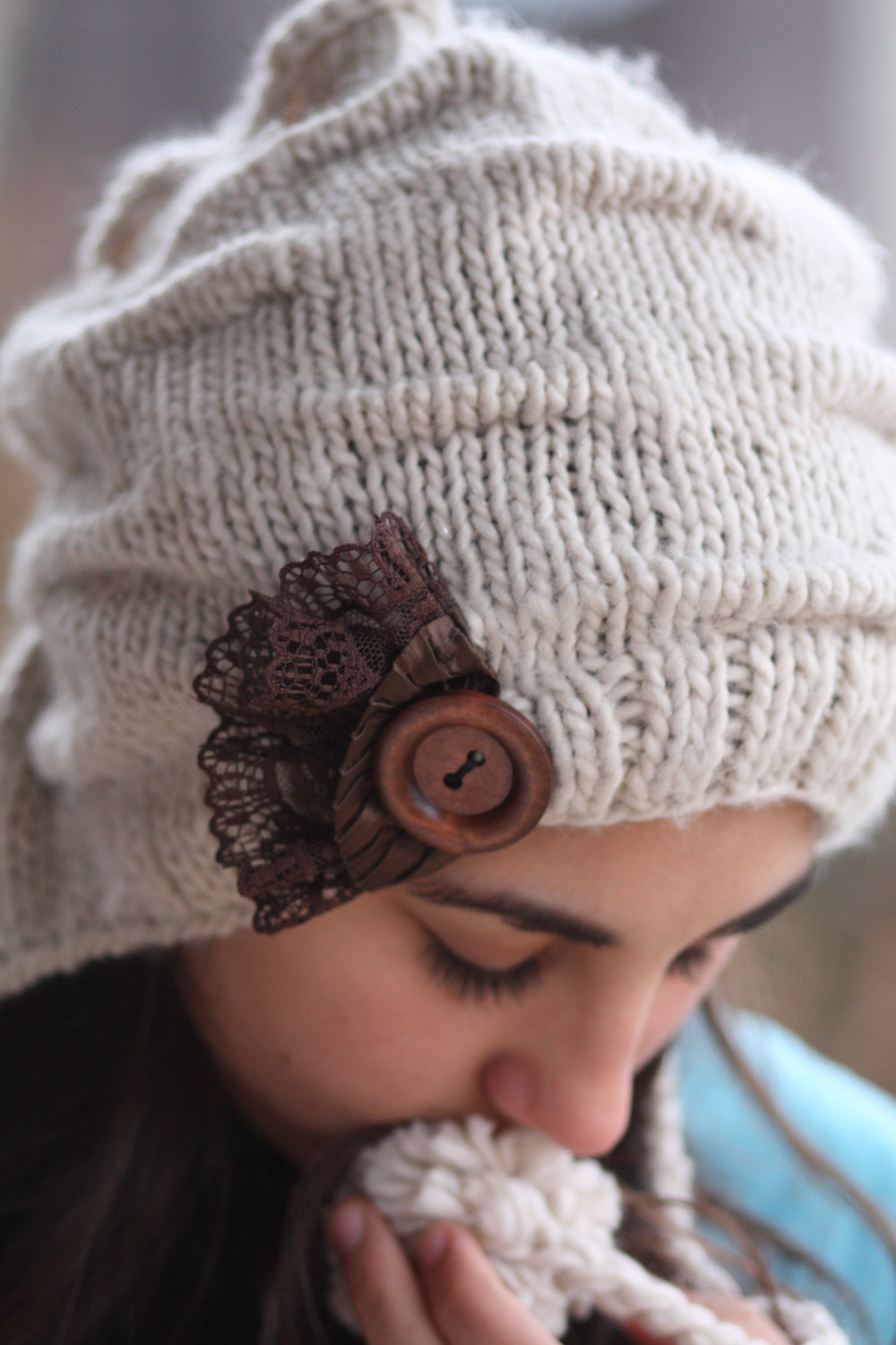 Knitted Hat- Brown Lace, Light Beige , Infinity Scarf ...